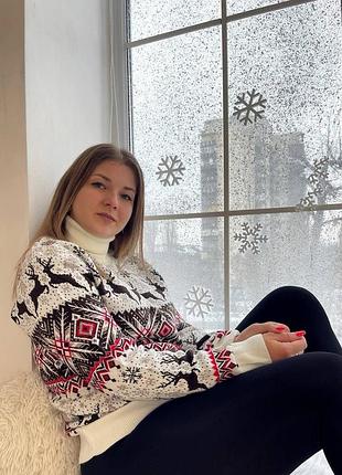 Жіночий теплий новорічний светр з оленями червоний бордо білий джинс вовна туреччина l, красный