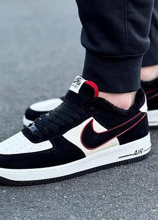 Зимние мужские кроссовки nike air force черно-белые замшевые с мехом, кроссовки найк аир форс зима утепленные стильные 41