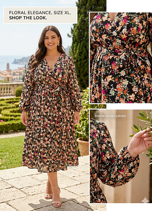 Квіткова міді сукня з декольте на пишні форми