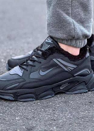 Зимові чоловічі кросівки nike чорні шкіряні з хутром, кросівки найк стильні повсякденні шкіра утеплені