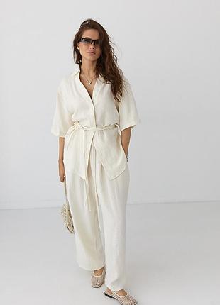 Свободный однотонный костюм из рубашки и штанов - кремовый цвет, one size (имеется размеры)