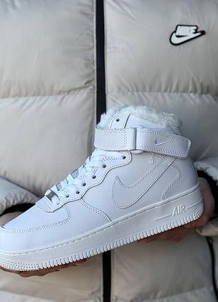 Зимові чоловічі кросівки nike air force білі шкіряні з хутром високі, кросівки найк аір форс зима утеплені стильні повсякденні