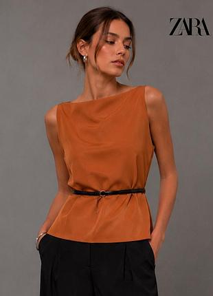 Новая удлиненная коричневая блуза с поясом zara xs