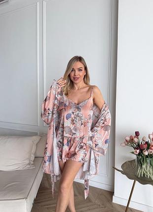 Пижама женская тройка халат майка шорты priscilla collection l-xl пудра