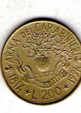Италия 200 лир, 1994 180-т годовщина - карабинеры алюминий-бронза, 5g, ø 24mm no2109