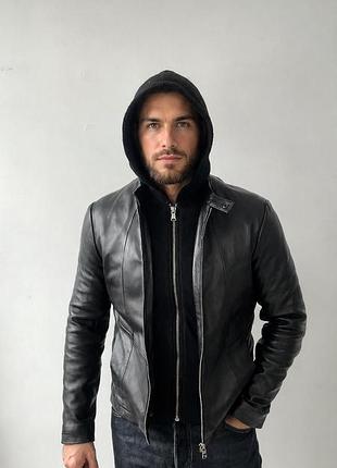 Чоловіча шкіряна куртка ikks men black lambskin leather jacket cafe racer moto biker bomber coat size l