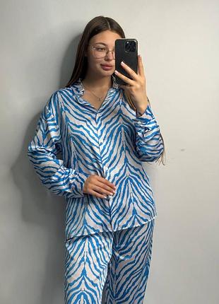Жіночий шовковий костюм із штанами блакитний m/l