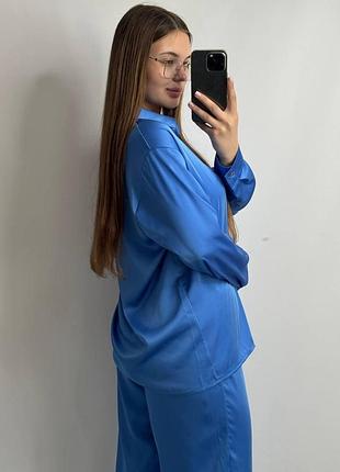 Женский шелковый костюм со штанами синий xl/2xl