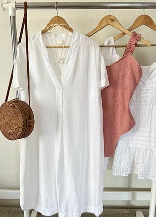 Біла льняна сукня туніка з v-вирізом і короткими рукавами h&m 🤍 54%льон