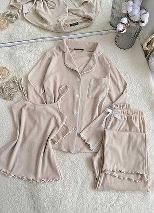 Пижама женская тройка рубашка майка штани rebecca collection l-xl светло-бежевый