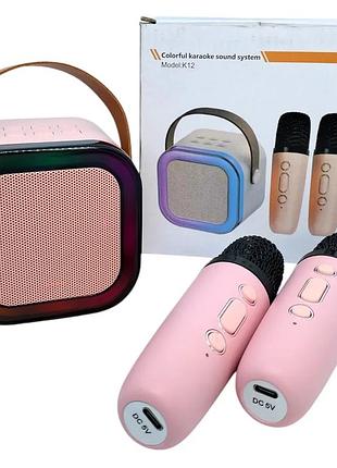 Караоке система детская колонка 2 микрофона bluetooth с подсветкой регулятором громкости безпроводная к12