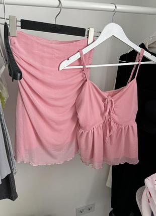 Літній жіночій рожевий костюм з юбкою shein