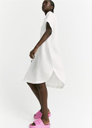 Біла льняна сукня туніка з v-вирізом і короткими рукавами h&m 🤍 54%льон