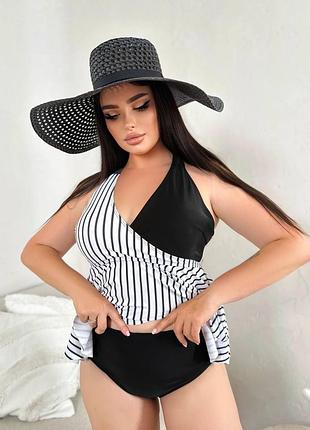 Купальник танкини черно-белый в полоску, размеры 2xl, 3xl, 4xl