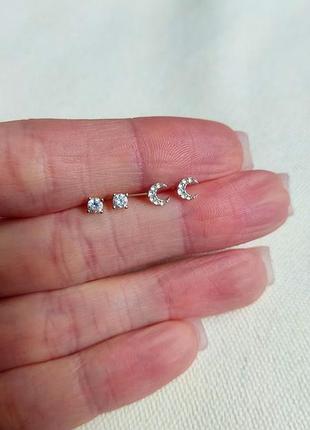 Серебряные серьги гвоздики 2 пары лот, серьги пусеты серебро 925, серьги пусеты серебро с камешками, серьги пусеты серебро серьги серебряная месяцумесяц