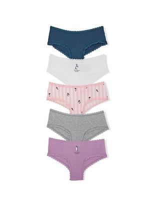 Набор трусиков victoria's secret (985741236575) pink 5-pack cotton lace-trim cheeky xl комбинированные