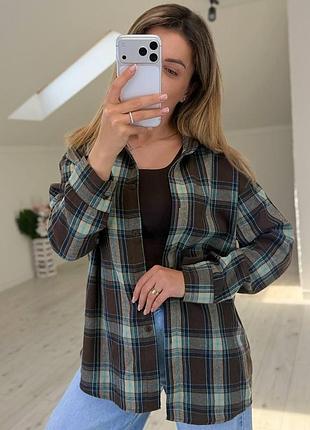 Женская фланелевая рубашка в клетку шоколад (размеры 42/44, 50/52) 46/48