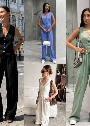 Женский льняной костюм жилет и брюки s m l xl, женский брючный костюм лен жилетка и брюки l-xl, олива