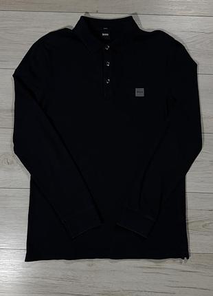 Премиальный черный поло лонгслив хуго бос hugo boss slim fit black, факт l, оригинал