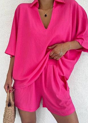 Женский летний костюм футболка и шорты oversize малина, 42/44