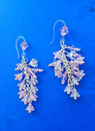 Серьги нежные розовые ручная работа колокольчики серёжки  hand made сереб уникальн бижут подвес