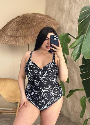 Суцільний чорний купальник з утяжкою для дівчат plus size 🖤🤍