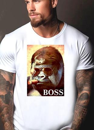 Футболка мужская с прикольным принтом "boss - обезьяна с сигарой"