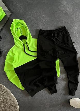 Спортивный костюм мужской салатовый с черным всесезонные худи и джоггеры xs-xxl украинского производства бренда kuznecoff