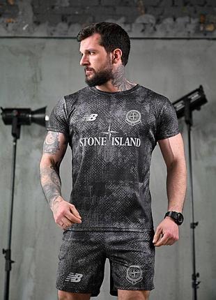 Чоловічий літній комплект stone island x new balance чорний спортивний тактичний костюм мілітарі (футболка та штани-карго) xxxl