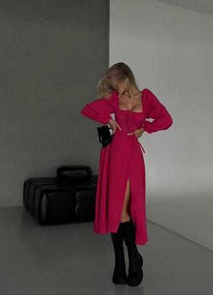 Летнее платье макси из муслина и разрезом на ножке малина, 46/48