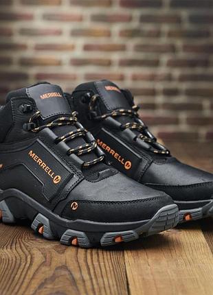 Мужские кожаные ботинки на меху merrell, черные зимние высокие ботинки для мужчин меррелл 42
