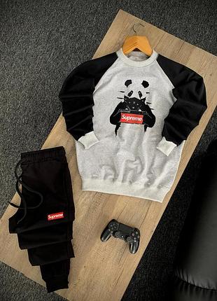 Мужской трикотажный спортивный костюм supreme panda (модный спортивный костюм суприм приталенный) черно-серый, xs