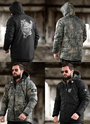 Зимняя двусторонняя куртка stone island 4 черная камуфляж l
