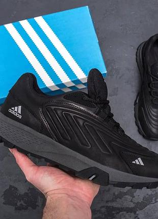 Чоловічі чорні шкіряні кросівки adidas, демісезонні чоловічі кросівки на шнурках, чоловіче шкіряне взуття 42