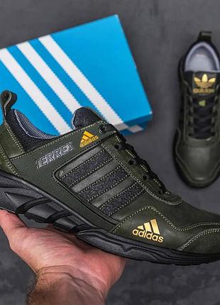 Мужские кожаные кроссовки adidas terrex green, мужские демисезонные кроссовки, мужская кожаная обувь адидас 43