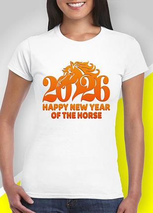 Футболка женская с новогодним принтом из серии "happy new year - год лошади 2026" family look фемили лук m