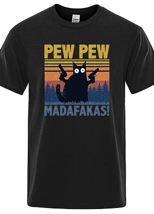 Футболка унисекс с забавным котом "pew pew madafakas" черный, хлопок, m