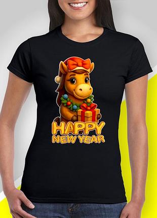 Футболка жіноча с новогодним принтом "семья лошадей happy new year" l