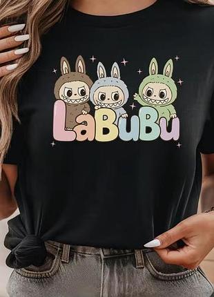 Футболка с принтом "labubu" лабубу 2 хлопок, черный, xl