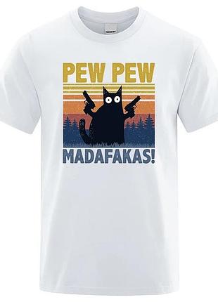 Футболка унисекс с забавным котом "pew pew madafakas" белый, хлопок, s