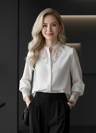Блузка-сорочка жіноча з мереживною вставкою на грудях та манжетах fashion