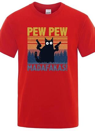 Футболка унисекс с забавным котом "pew pew madafakas" красный, премиум, 2xl