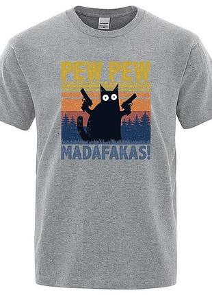 Футболка унисекс с забавным котом "pew pew madafakas" серый, хлопок, 2xl