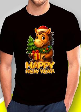 Футболка чоловіча з новорічним принтом "сім'я коней happy new year"