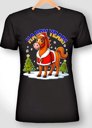 Футболка женская с новогодним принтом "конь happy year"