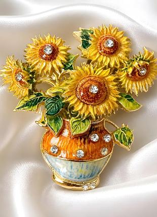 🌻 брошка «соняшники» у стилі ван гога | художня брошка з букетом соняшників у вазі