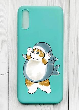 Матовый бирюзовый чехол на xiaomi redmi 9а :: котенок акула (принт 379)