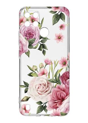 Прозорий чохол на realme c21y :: рожеві квіти (принт 287)
