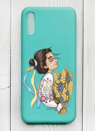 Матовый чехол с бирюзовыми боками на xiaomi redmi 9а :: украинка с колосками (принт 172)