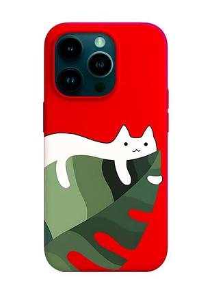 Матовий червоний чохол на apple iphone 14 pro :: кіт на листку (принт 367)